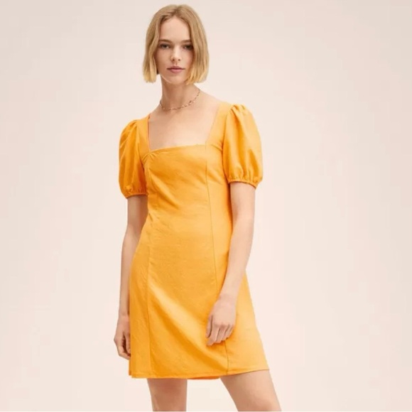 MNG MANGO Yellow Solid A-Line Puff Sleeve Mini Dress - Picture 1 of 12